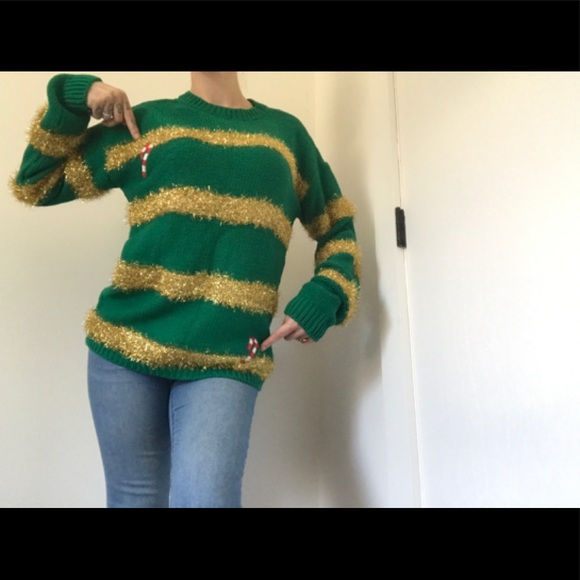 Merry Christmas Sweaters - Merry Christmas Gold Tinsel & Candy-cane Sweater Green